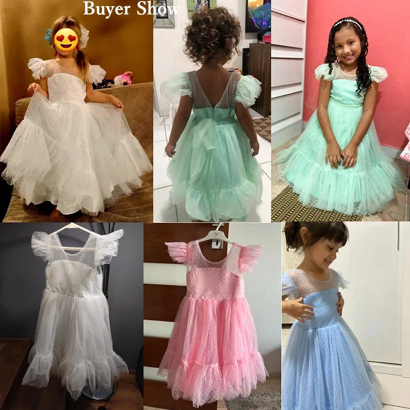 Girls Princess Dress Elegant Wedding Tutu Prom Dresses for Tulle Flare Sleeve Communion Party Formal Evening Gown for 3-10Y Kids