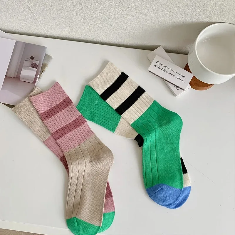 Retro Women\'s Socks Korean Style New Novelty Cotton Casual Mixed-Color Japanese Fashion AB Socks Comfort Striped Socks For Girls