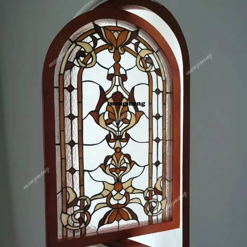 

Customizable French center axis rotating window colored Tiffany art glass tempered arched glass door entrance screen
