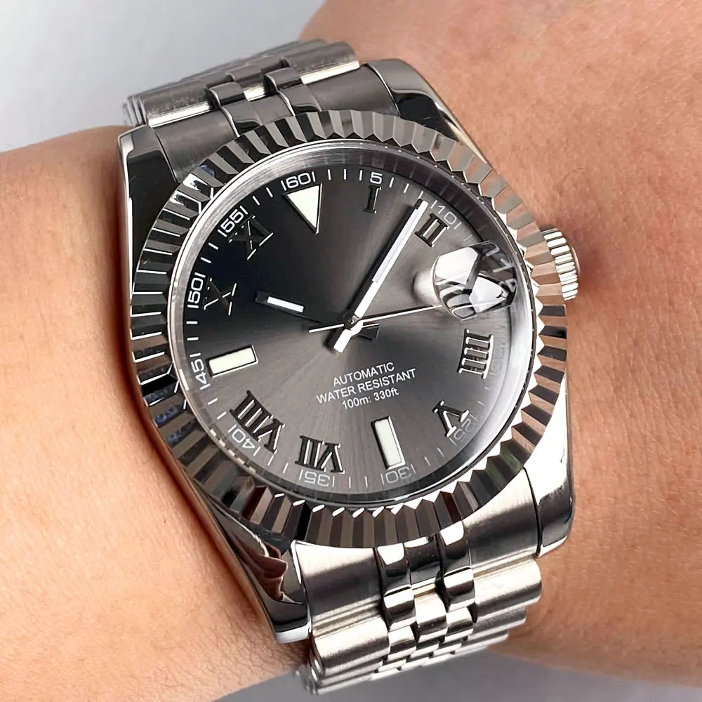 Day Date DJ stely 36/39mm Roman Number Curved Braided Automatic Watch Men S NH35AA Sapphire Crystal Sunburst Luxury