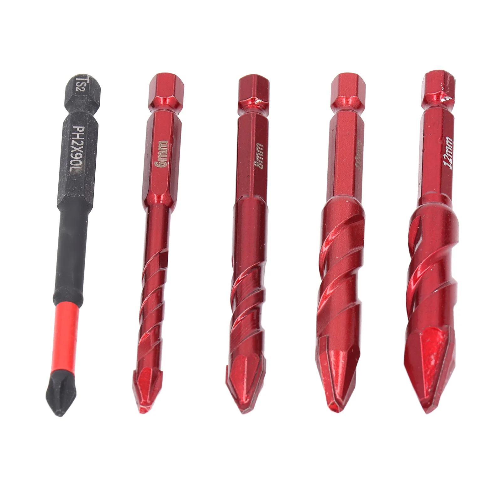 Juego de 5 uds de brocas excéntricas 6, 8, 10, 12mm, vástago hexagonal de 1/4 pulgadas, cabeza oblicua, brocas helicoidales excéntricas con broca PH2