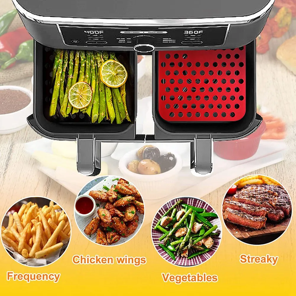 A09G-Wiederverwendbare Silikon-Luftfritteuse-Einlagen für Ninja Foodi Dual Air Fryer DZ201, antihaftbeschichtetes Luftfritteuse-Zubehör, Pergamentpapier