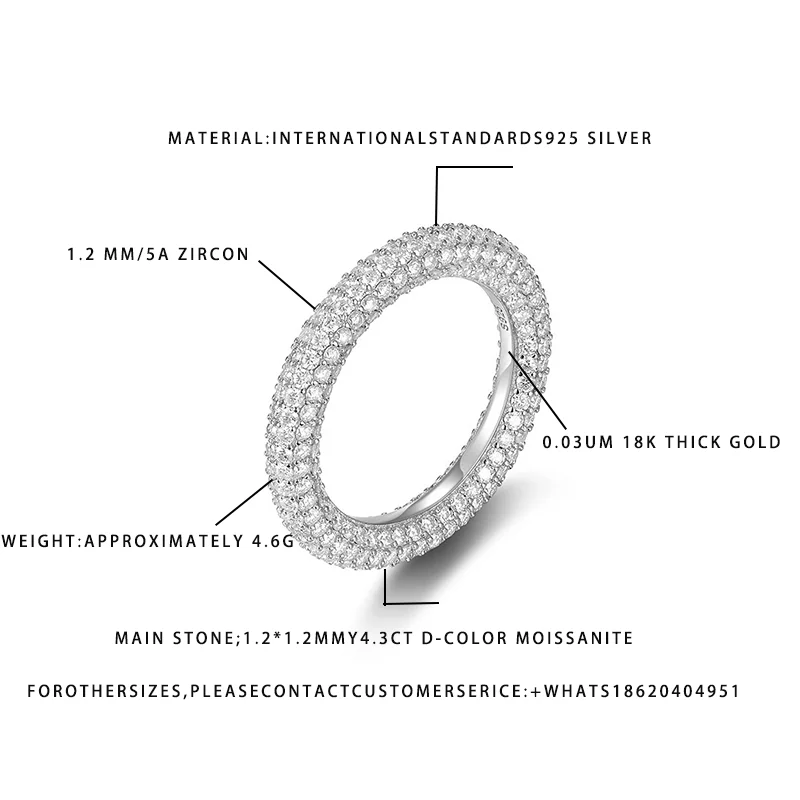 

Кольцо с муассанитом D, цвет 4,3 карата, стерлинговое серебро 925 пробы, позолоченное 18 карат, 1,2 мм, 5 А, циркон, полный вечный ремешок, женские свадебные украшения