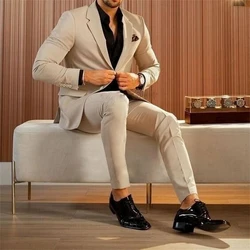 Formal Beige Men Suits 2 Pieces Jacket Pants Sets For Wedding Notched Lapel Male Costume Homme Prom Party Blazers Slim Fit