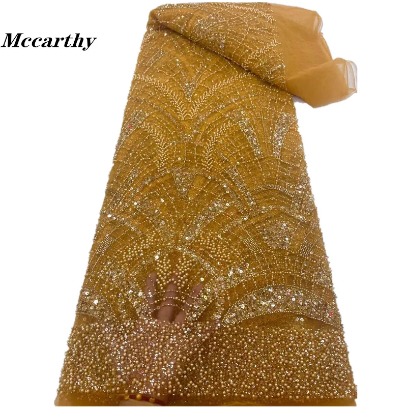 

Mccarthy Fashion 2023 French Embroidery Checkered Beaded Lace Fabric African Nigerian With Sequins Fabric For Wedding Dress XC75