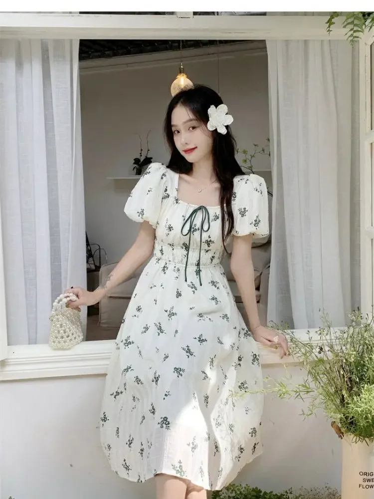 여름 요정 꽃 프린트 비치 드레스 여성 한국어 스위트 스퀘어 칼라 넥타이 하이 웨스트 a 라인 중간 길이 드레스 세련된