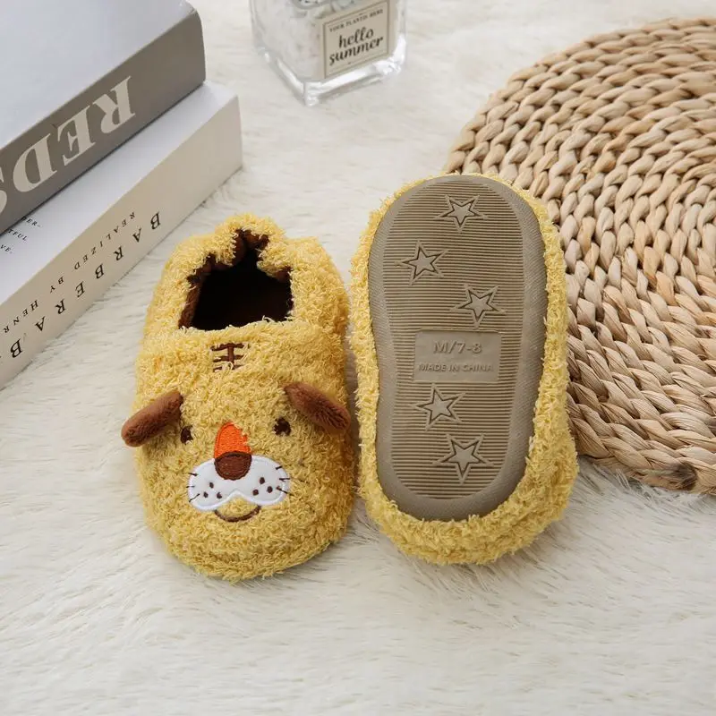 Toddler Boy Slippers for Winter Baby Loafers Plush Warm Cartoon Tiger Rubber Sole Children Home Shoes Kids House Indoor Footwear