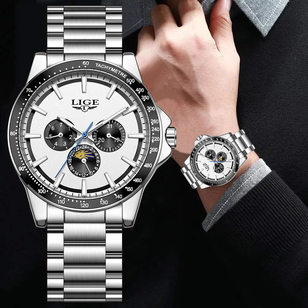 

LIGE кварцевые мужские часы с уникальным циферблатом из нержавеющей стали, деловые роскошные часы, 24-часовые водонепроницаемые часы с фазой Луны и датой недели для мужчин