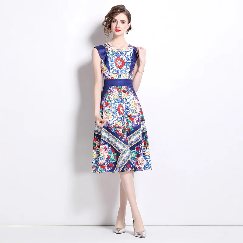 Briti Sle Large Size Svel Midi Dr Ele Lady Court  round Ne Women's Dr Casual Floral Print Polye...