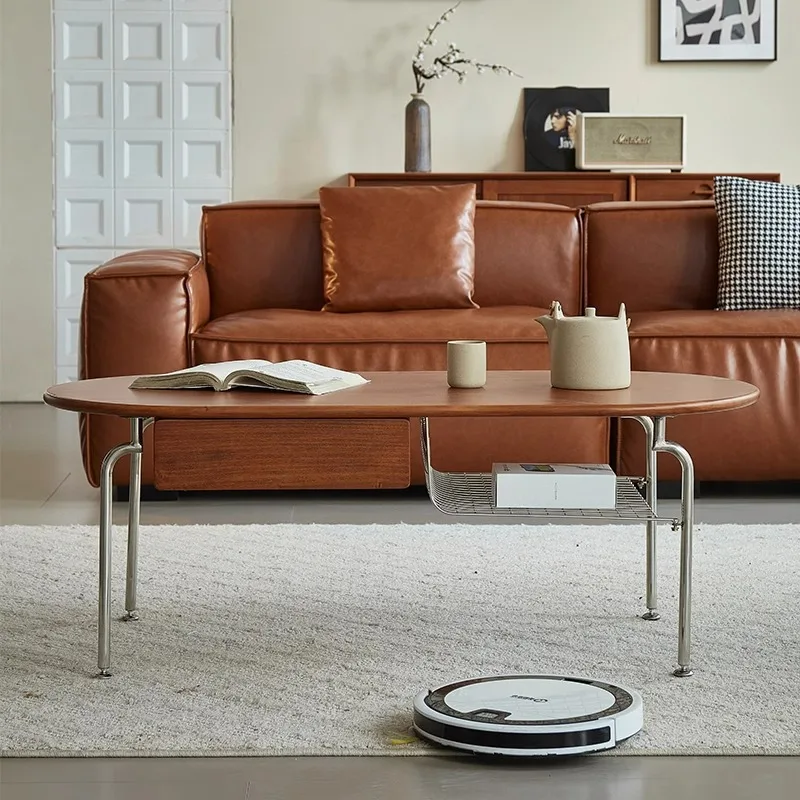 Coffee table living room household small apartment medieval retro oval solid wood with double-layer tea table balcony tea table