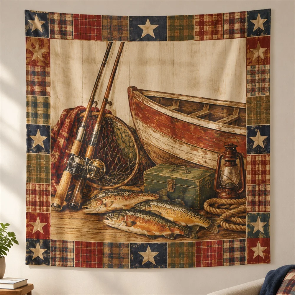 VIKAMA Fishing Still Life Clustered Groups Tapestry Wall Hanging, American Wall Art Tapestries for Living Room Bedroom Kids Room