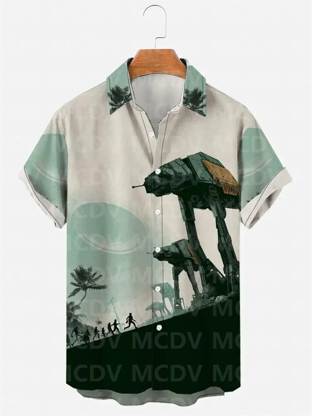 Hawaiian men's short sleeved shirt, lapel top, futuristic technology print, casual, large, 2024 novelty