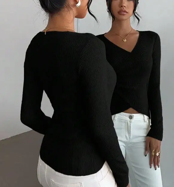 تي شيرت 2025 أنيق ومثير للخريف والشتاء قصير بقصة ضيقة وأكمام طويلة ورقبة على شكل حرف V #4