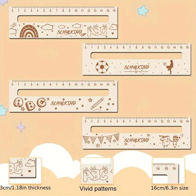 4-Pack Wooden Ruler Reading Aid with Four Different Patterns Handmade Back-to-School Gift Perfect School Start Present
