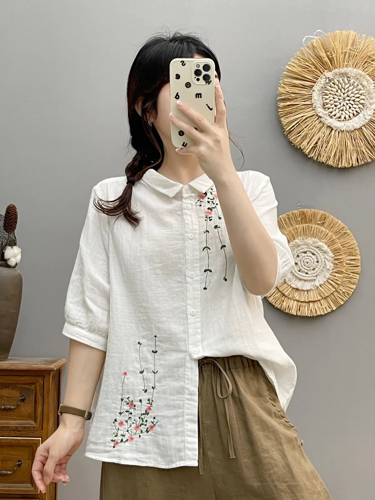 New Summer Cotton Yarn Half Sleeve Shirts Lapel Embroidery Tops Commute Girl Casual Sweet Loose OL Blouse 2024 Autumn T465100QC