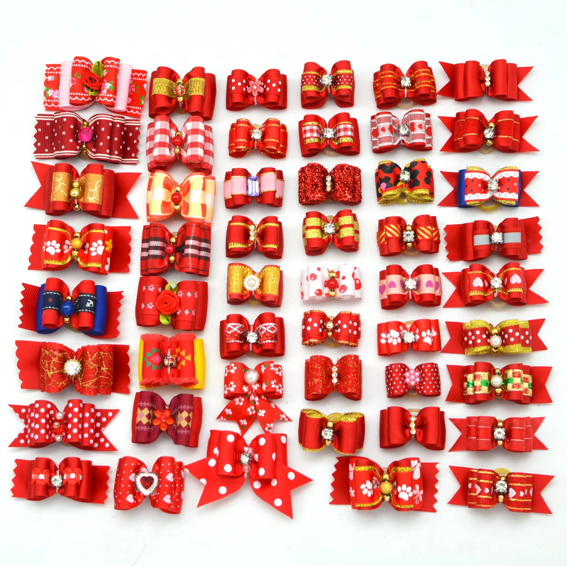 

100PCS Hot Sale Pet Hair Bows, Red Pink Pearl Rhinestone Dog Hair Clip, Bichon Maltese Princess Hair Bow Accessories