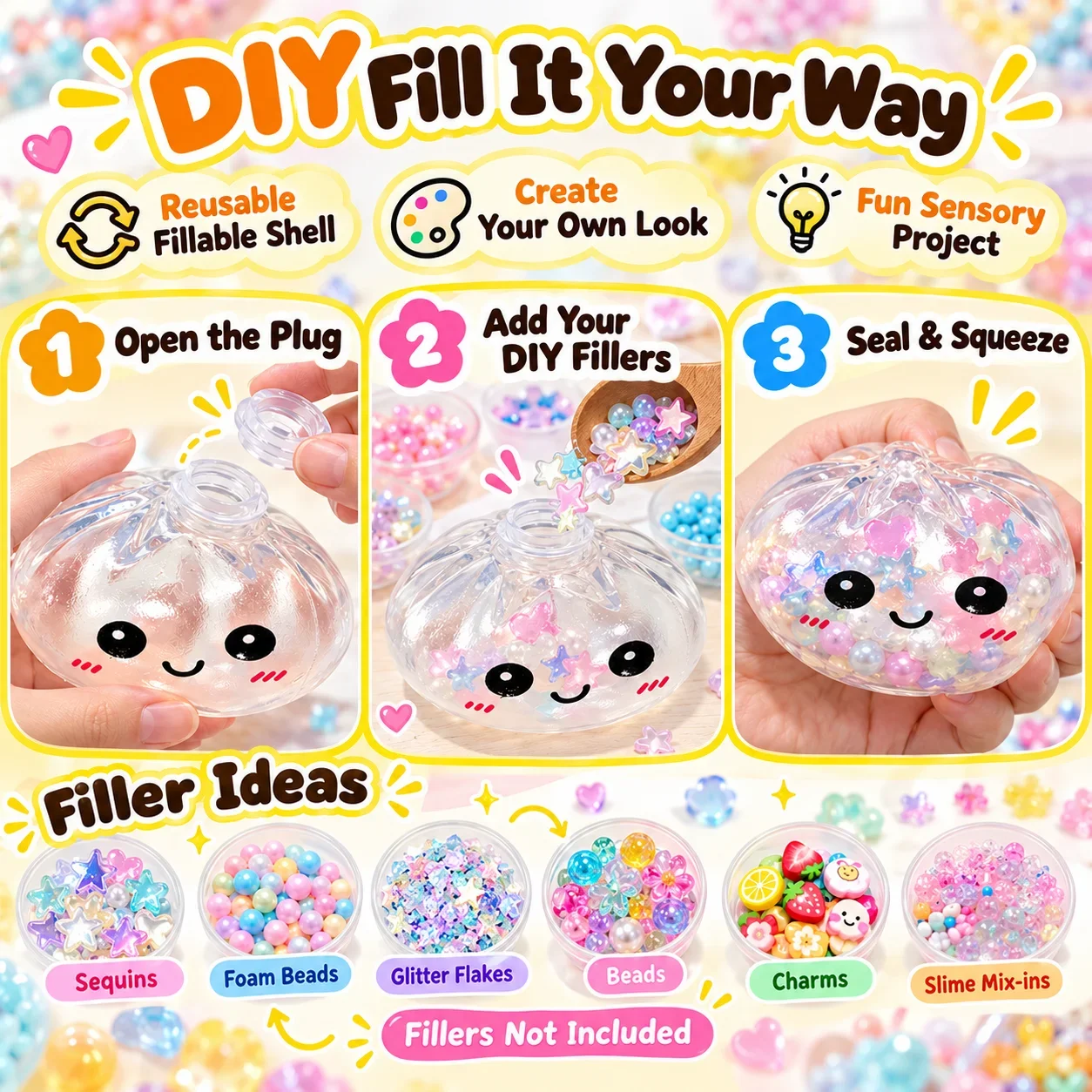 8.5cm Clear Steamed Bun Squishy Skin DIY Fillable Empty Ball Shell with Plug Cartoon Face Creative Sensory Squeeze Toy Making