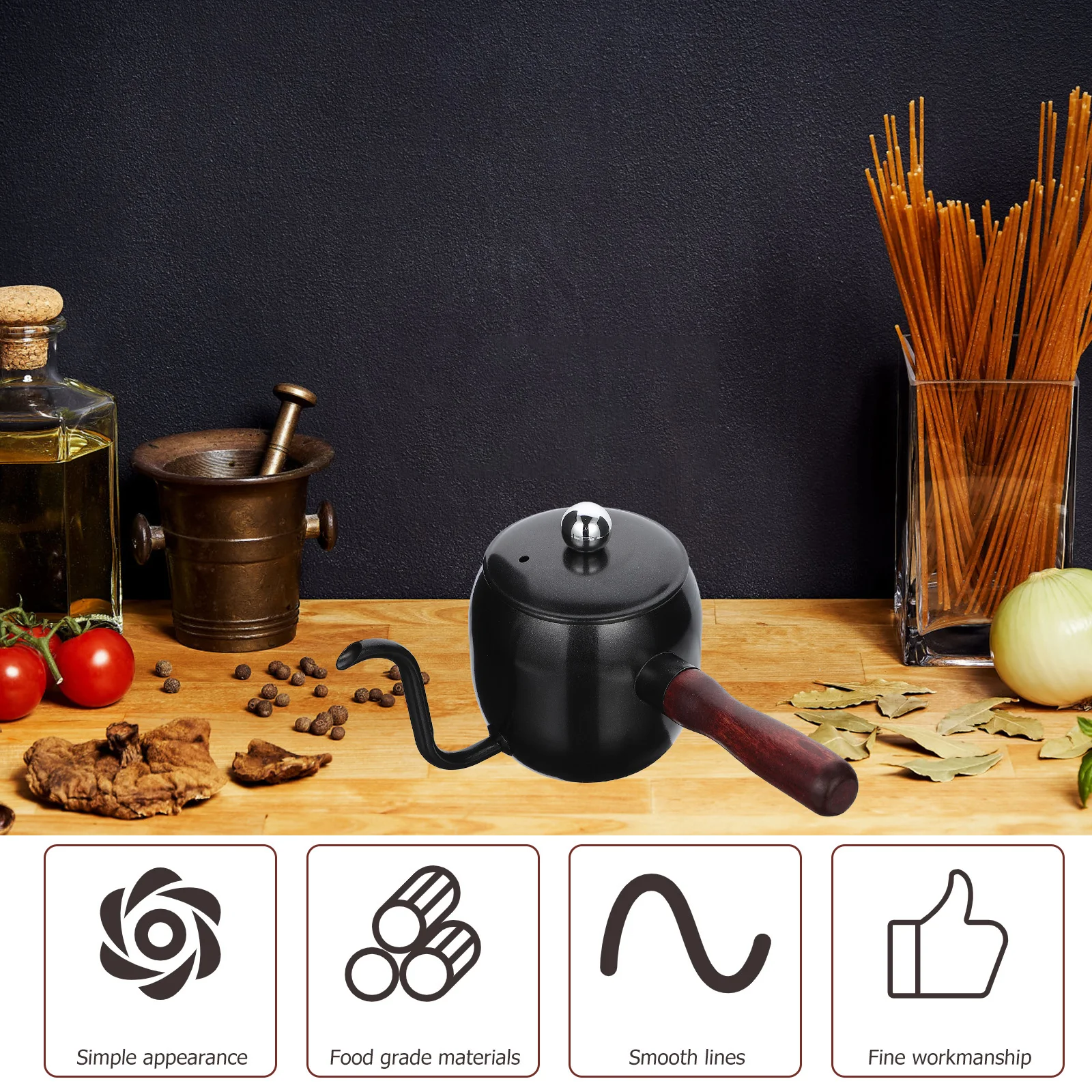 

Kettle Stainless Pot Pouring Long Mouth Container Hanging Ears Black Spout with Wood Handle