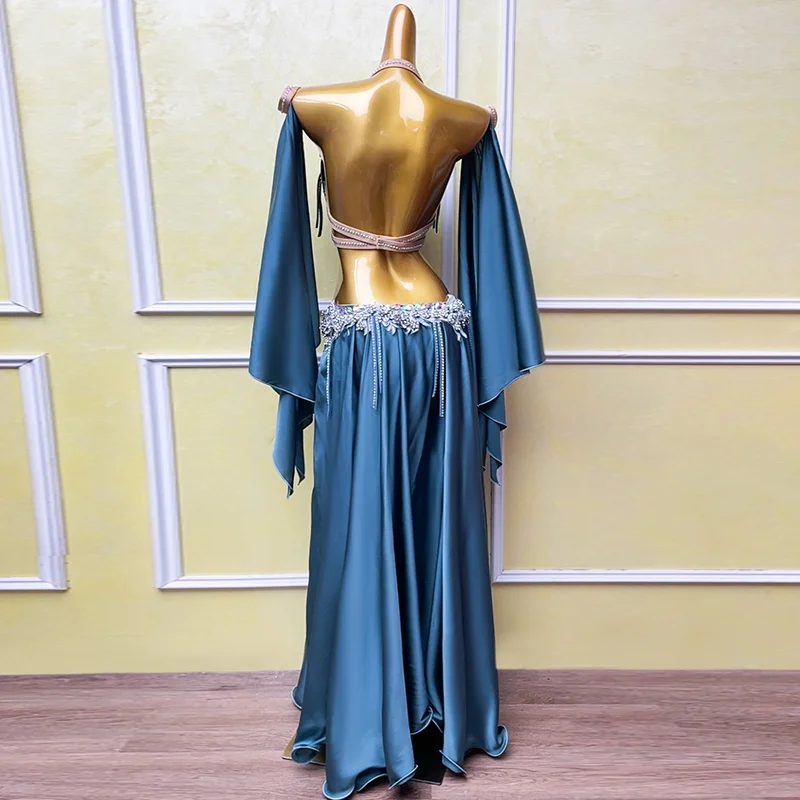 Costume de compétition professionnelle de danse du ventre orientale pour femmes, soutien-gorge + jupe + manches, 3 pièces, vêtements de Performance de danse du ventre pour adultes