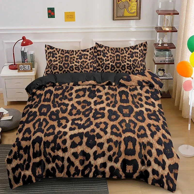 Conjunto de cama com estampa de leopardo, capa de edredom de pele animal para crianças, adolescentes e adultos, capa de edredom de poliéster com fronha