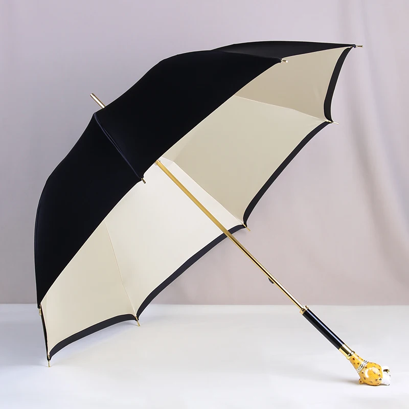 

Animal head leopard long-handled umbrella pure white straight rod umbrella with drill high value and texture double-layer umbrel