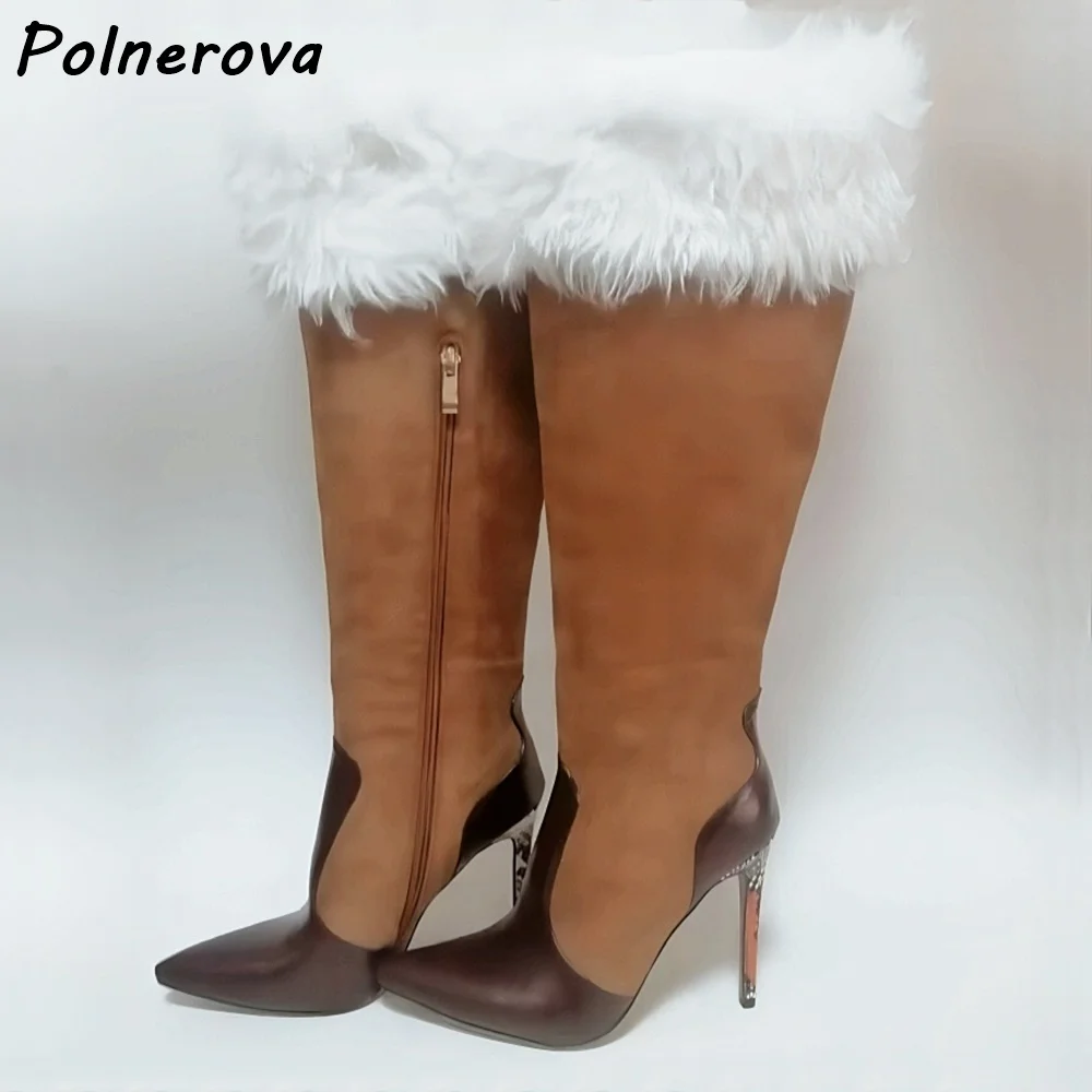 

Furry Brown Knee High Boots Patchwork Soft Fur Winter Pointy Toe Thin Heels Zipper Long Boots Women's Fashion Runway Warm Shoes