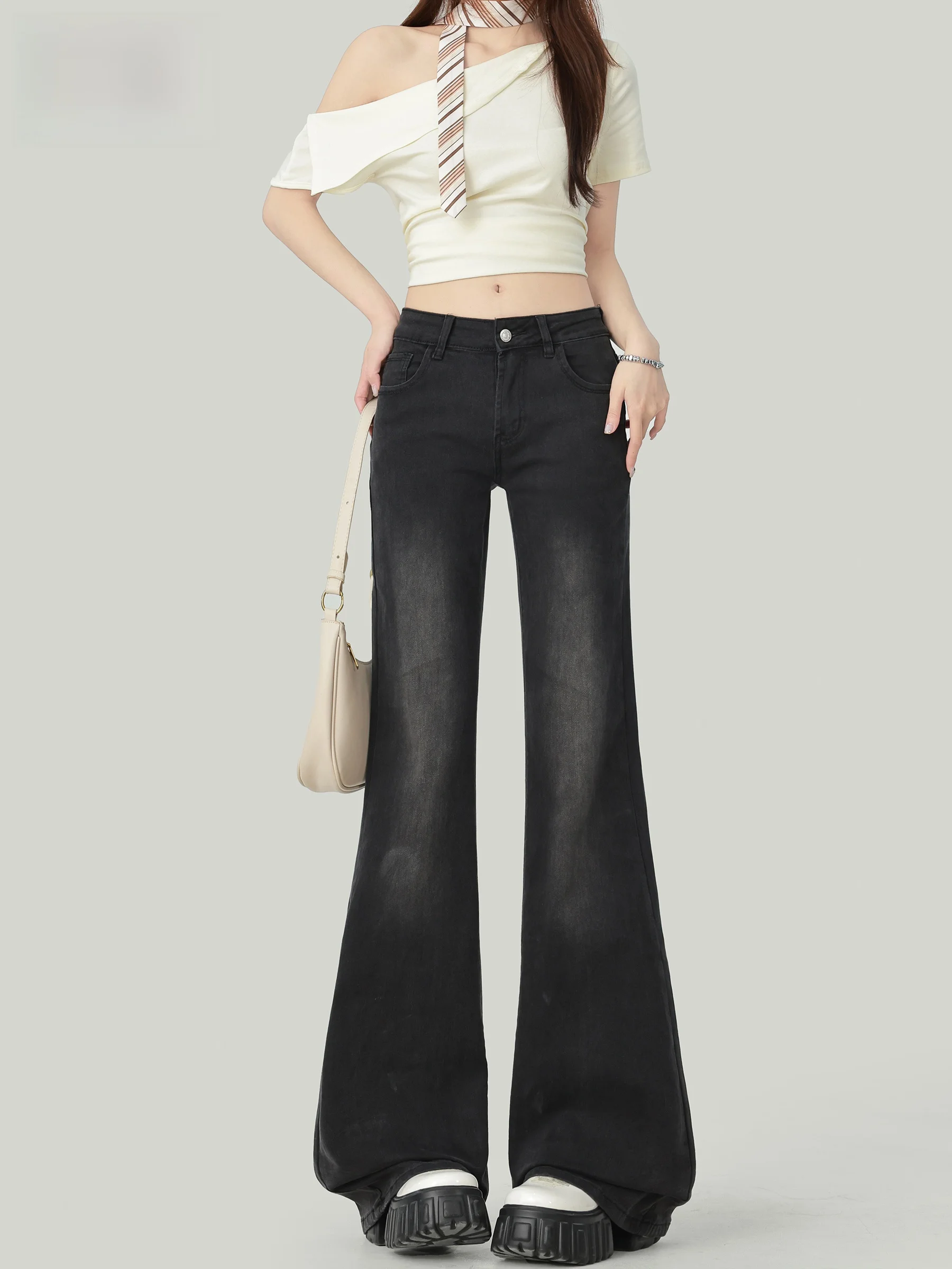 

American Style Low Waist Bell Bottom Jeans Women's Slimming Design Sensation Drag Floor Pants Casual Wear Button Craft