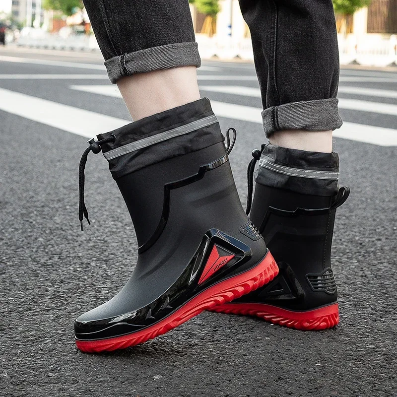 New Waterproof Shoes Men Black High Top Ankle Boots for Rain Casual Flat Rainboots for Men Fashion Rubber Rain Boots Size 39-44