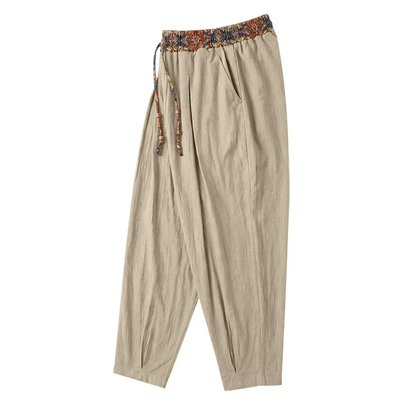 Herren 95% Leinen Haremshose Boho Blumenmuster Kordelzug Taille Lässige Weite Hose Strand Urlaub Knöchellange Hose – Detail 22