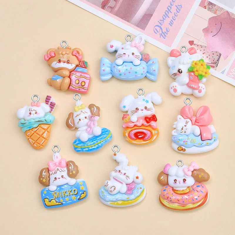 10pcs Cartoon Cute Little Rabbit Donut Candy Resin Jewelry Pendant DIY Handcrafted Charming Accessories Making for Earrings