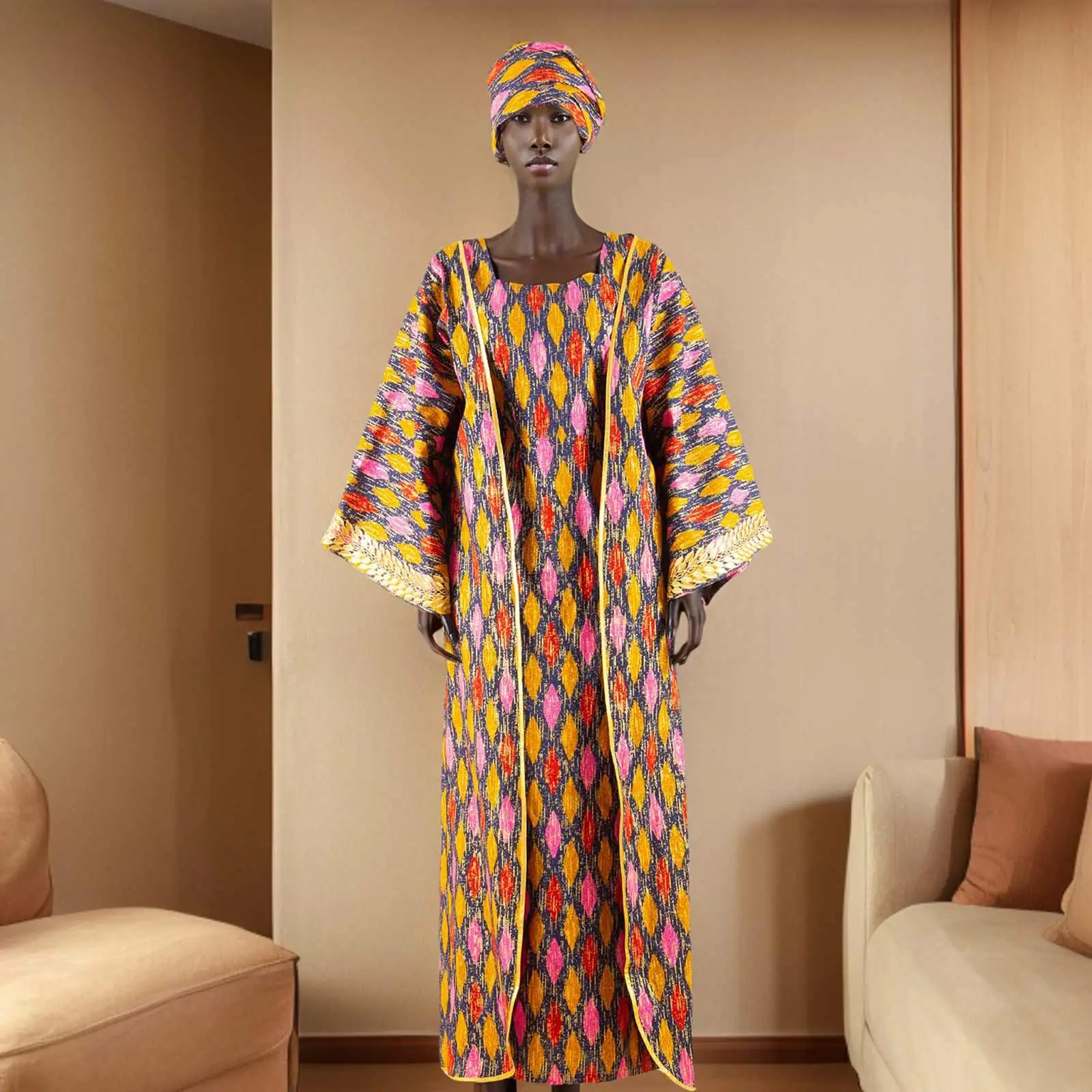 African Clothing for Women Female Suit Set Long Coat and Sleeveless Dress With Headscarf for Lady Traditional Outfits 2426029