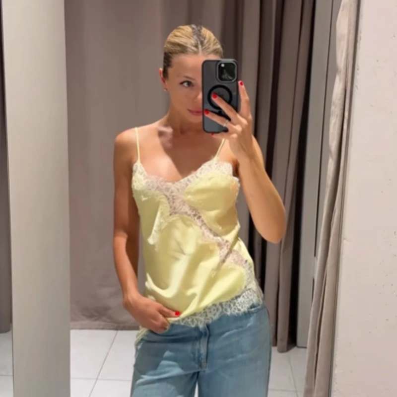 非対称レーストップ女性のコルセットノースリーブタンク & キャミソール夏のストリートスタイルキャミソールイエローブラックセクシーでエレガントなスリップドレス