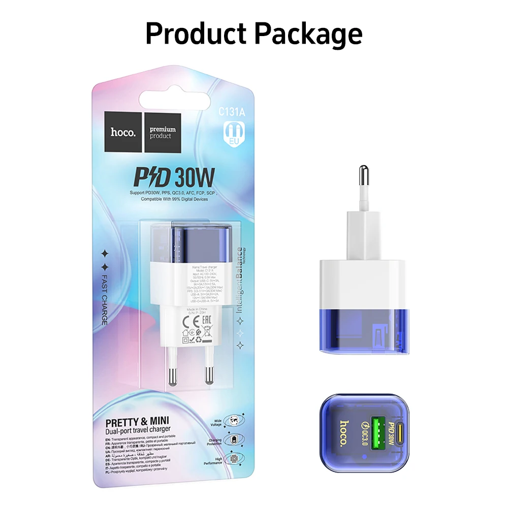 HOCO C131A PD 30W USB Charger PD QC 3.0 Fast Charger Quick Charger For iPhone 16 15 14 13 Pro Phone Charger For Samsung S24 S23