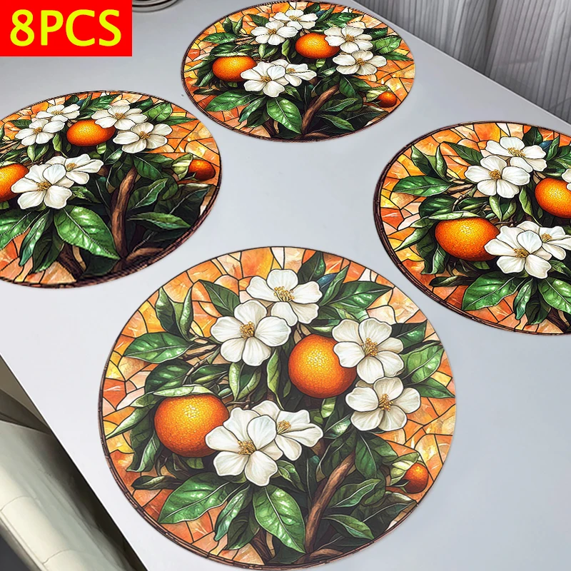 

8pcs Placemats-Stained Glass Orange Blossom design,38x38cm Table Mats,Plate Mats,suitable for families festival table decoration