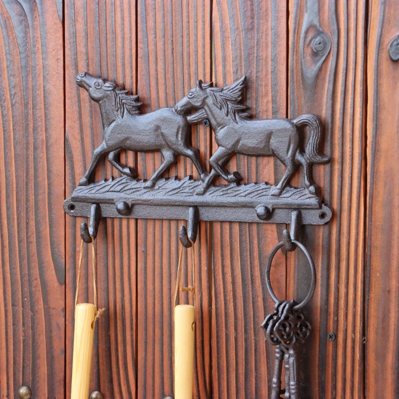 Two Running Horse Cast Iron Wall Mounted Hook With Three Hangers Antique Black For Indoor Outdoor Clothes Coats Hat Keys Vintage