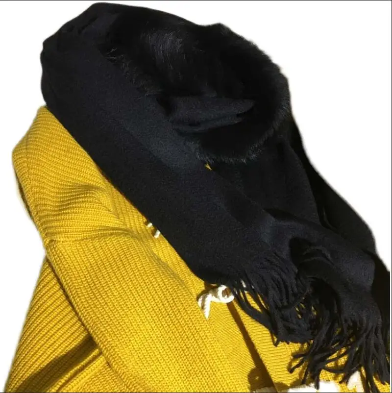 

Winter Real Fox Fur Trim 100% Cashmere Warm Scarf Long Wraps With Tassel Women Outdoor Party Capes