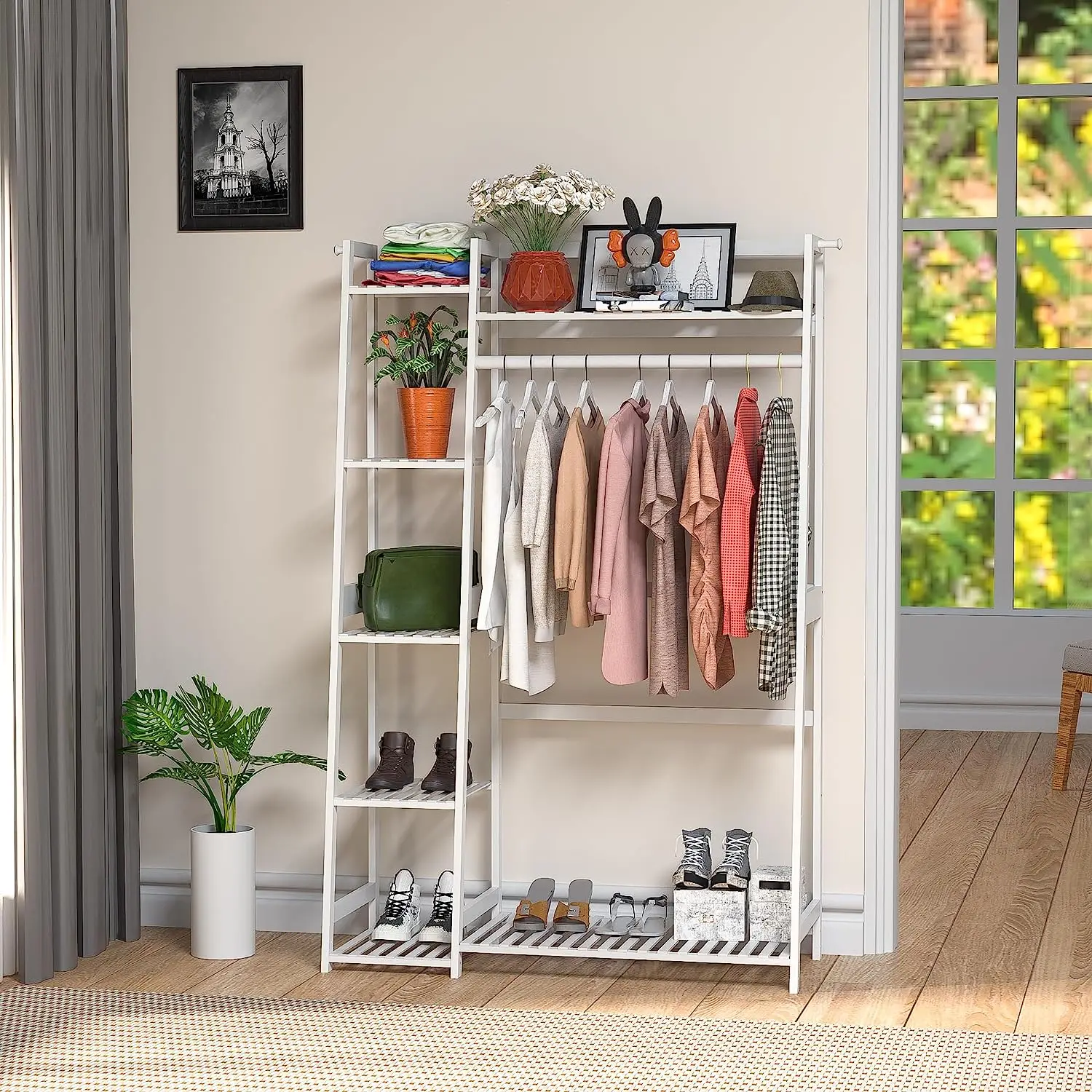 

Garment Rack with Shelves, Freestanding Closet Organizer for Living Room Bedroom Entryway Bathroom Office