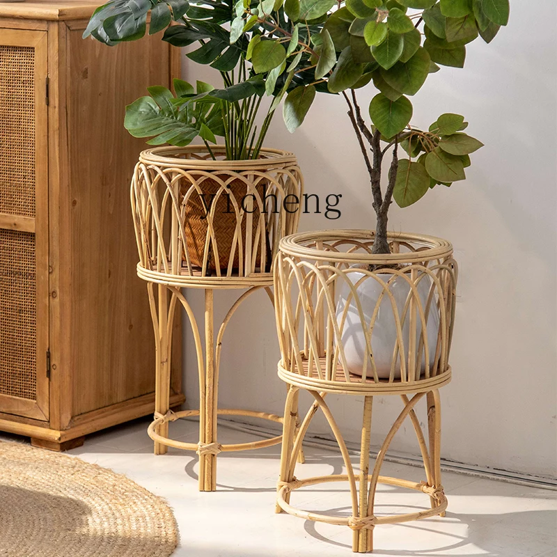 CZ Nordic rattan straw flower basket wooden tall flower shelf living room homestay decoration green plant flower pot