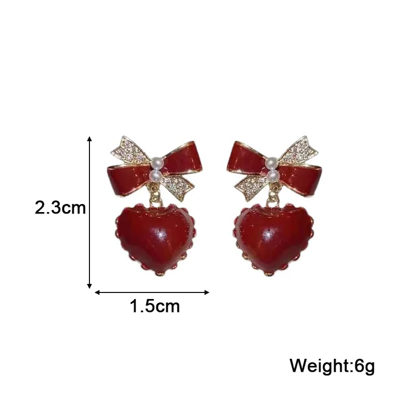 Wine Red Heart Pendants Women\'s Hanging Earrings Rhinestone Bowknot Top Imitation Pearl Korean Elegant Party Ear Jewelry 2024