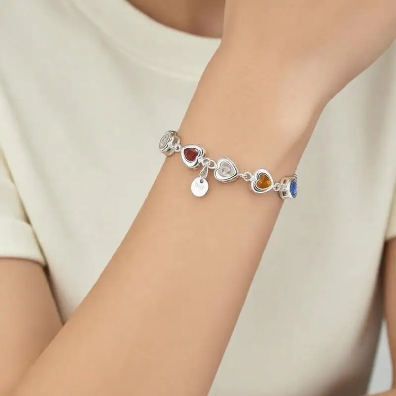 Cute Sweet 925 Sterling Silver Love Heart Colorful Crystal Zircon Resizable Bracelets for Women Girls Wedding Party Jewelry Gift