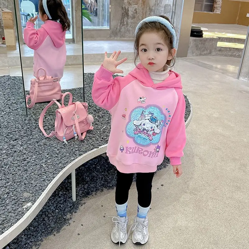 

Sanrios Children Kuromi Plus Velvet Hoodie Hooded Anime Figure Winter Sequins Jacket Kids Girl Cartoon Leisure Kawaii New Style