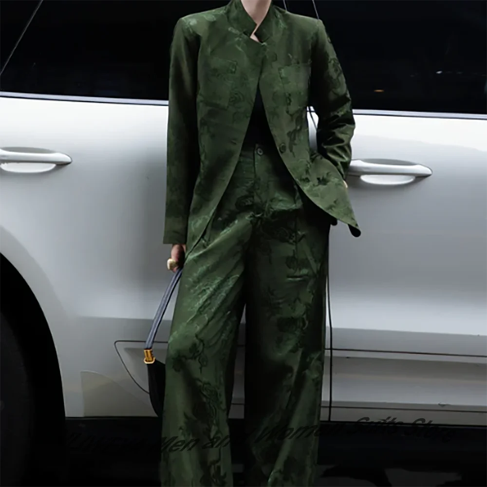 Luxury Women's Green Jacquard Print Suits 2Piece Set Single Breasted Notch Lapel Neo-Chinese Blazer Slim Fit Evening Party Wear