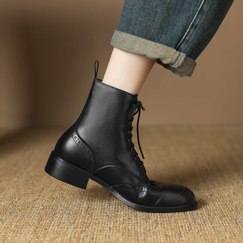 2024 Genuine Leather Boots Women Shoes Thick Sole Lace Up Autumn Winter Short Ankle Boots for Women High Heel Motorcycle Shoes