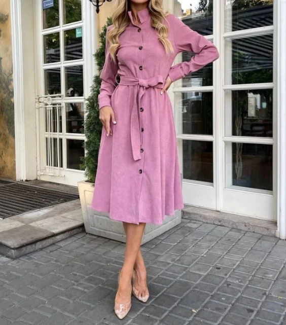 

Temperament Women's Dress 2024 Spring Solid Color Lace Up Button Up Turn-Down Collar Split High Waist Midi Shirt Dress with Belt