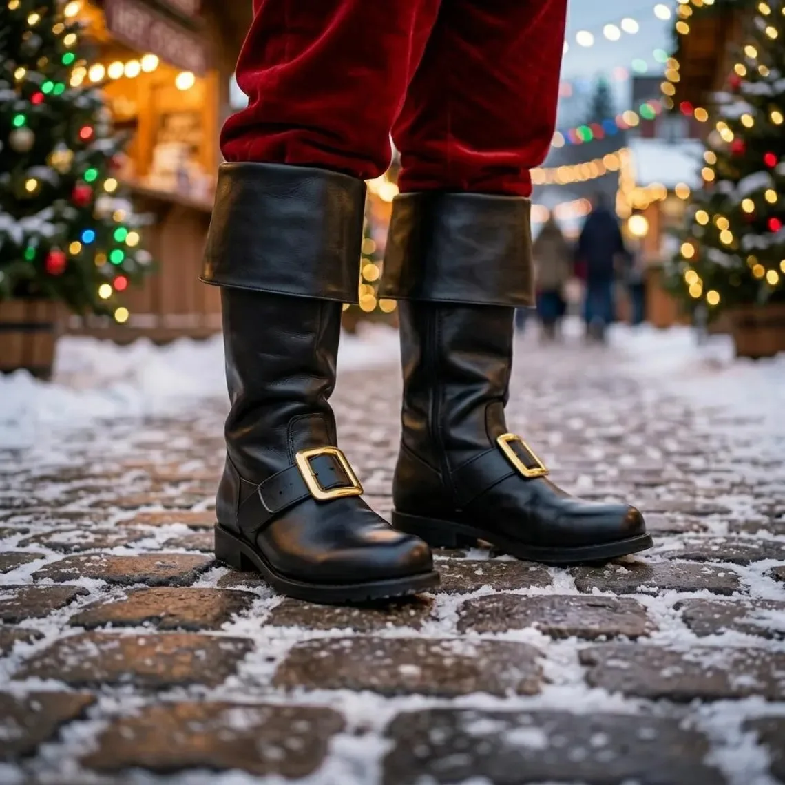 Weihnachtsmann-Kostümstiefel aus Kunstleder, kniehohe Stiefel mit Umschlag, für Feiertagspartys, Rollenspiele, Karneval, Bühnenauftritte, Schuhe – Detail 5