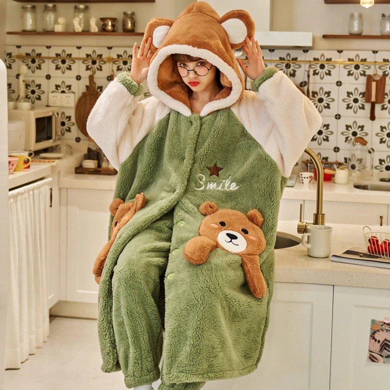 Winter Thicken Women Night-robe Pajamas Hooded Soft Warm Nightgown Sleepwear Kawaii Bear Pijama Mujer Plush  Female Loungewear