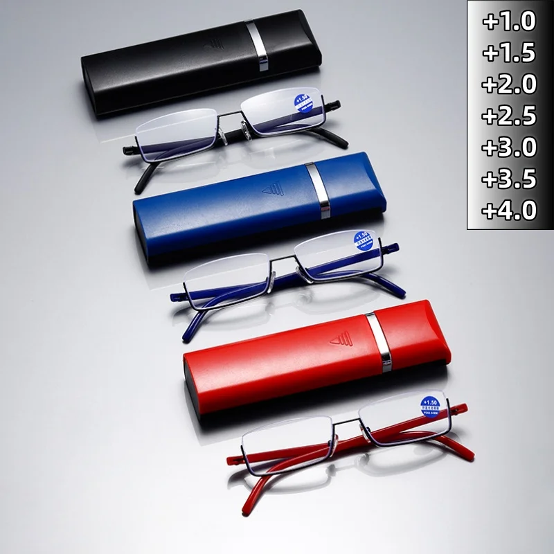 

Business Anti Blue Light Reading Glasses Fashion Half Frame Unisex Classic Square Portable Eyewear with Box +1.0 To +4.0