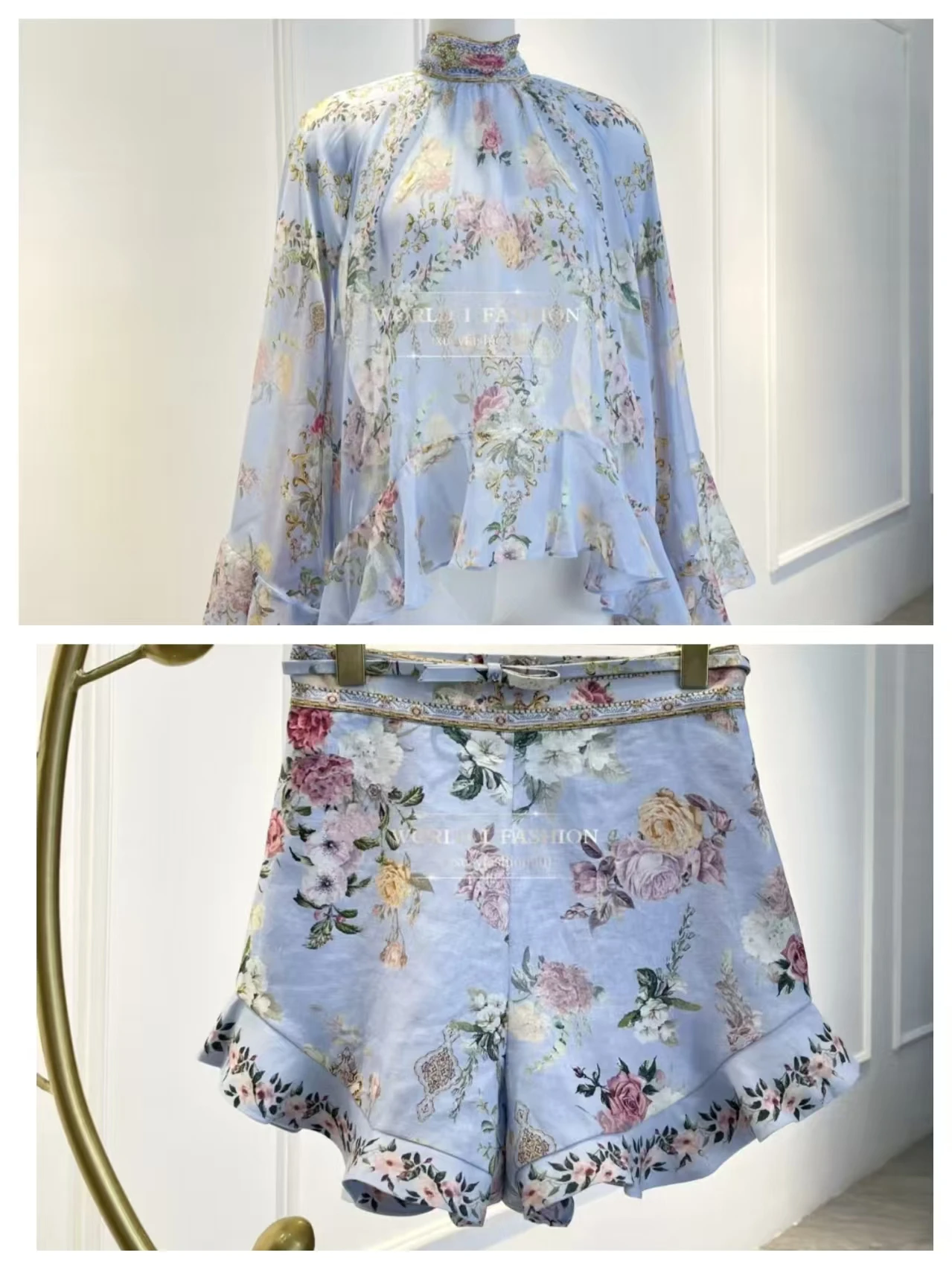 

Блузки с длинными рукавами и принтом пейсли, топы и шорты, новинка 2025 года, модные темно-синие