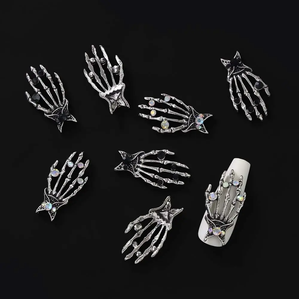 10Pcs/set Metal Nail Charms Halloween Skeleton Nail Rhinestones Nail Supplies Skull Palm Skeleton Hand Nail Decorations