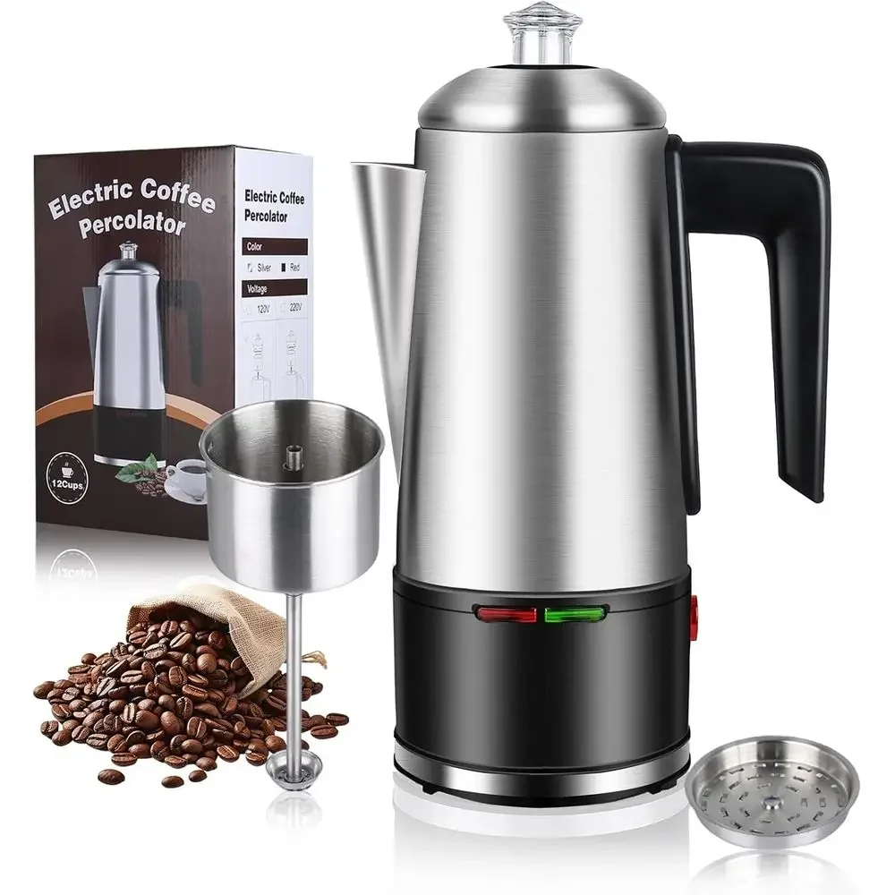 

12-Cup Stainless Steel Percolator Coffee Maker with Auto Warm Function and Cool-Touch Handle